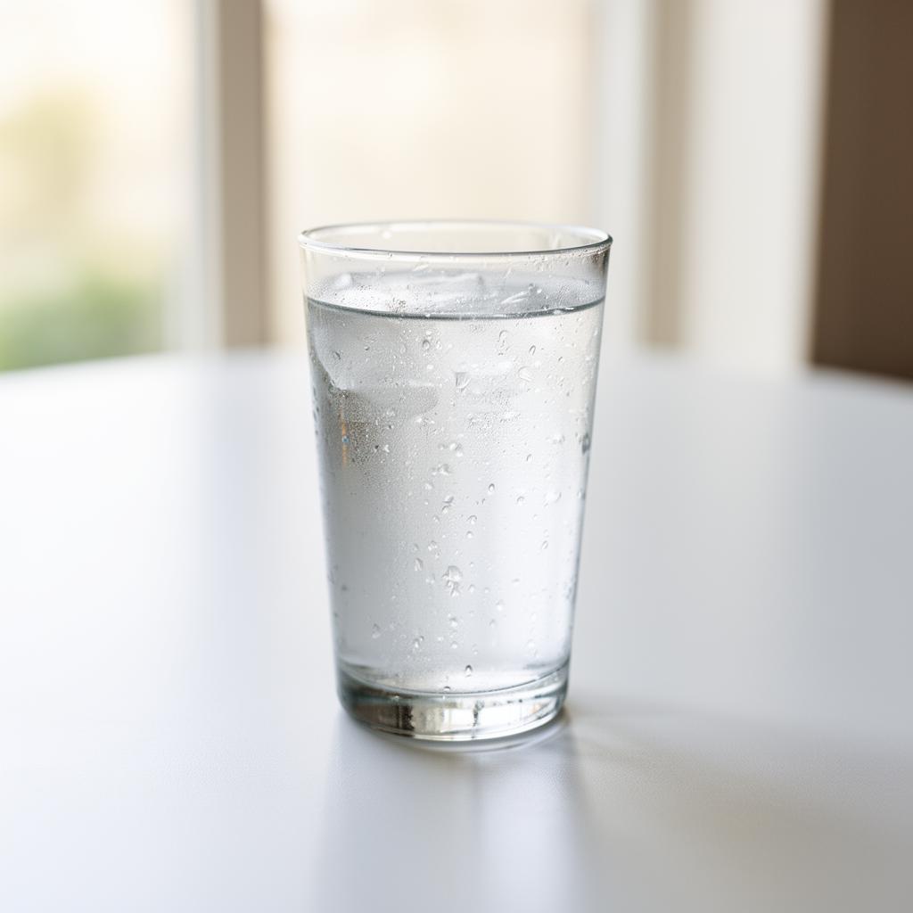Bicchiere di acqua minerale fresca con gocce su un tavolo luminoso e pulito